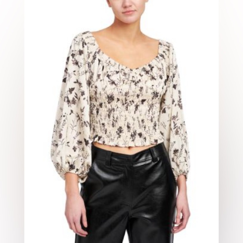 En Saison Cream Arabella Smocked Blouse with Black Floral Design - Large